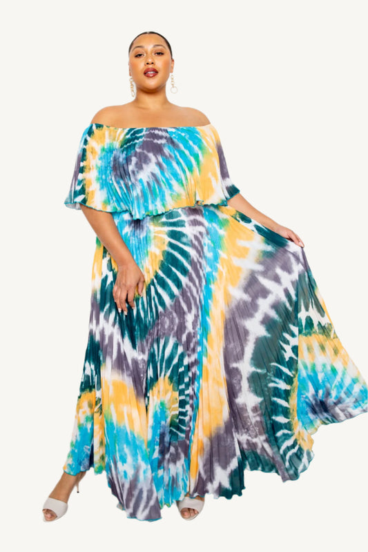 "Plus size tie-dye off-shoulder pleated maxi dress in multi and blue – vibrant and flattering summer dress, available in 1XL, 2XL, 3XL"