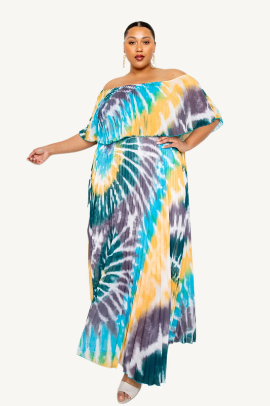 "Plus size tie-dye off-shoulder pleated maxi dress in multi and blue – vibrant and flattering summer dress, available in 1XL, 2XL, 3XL"