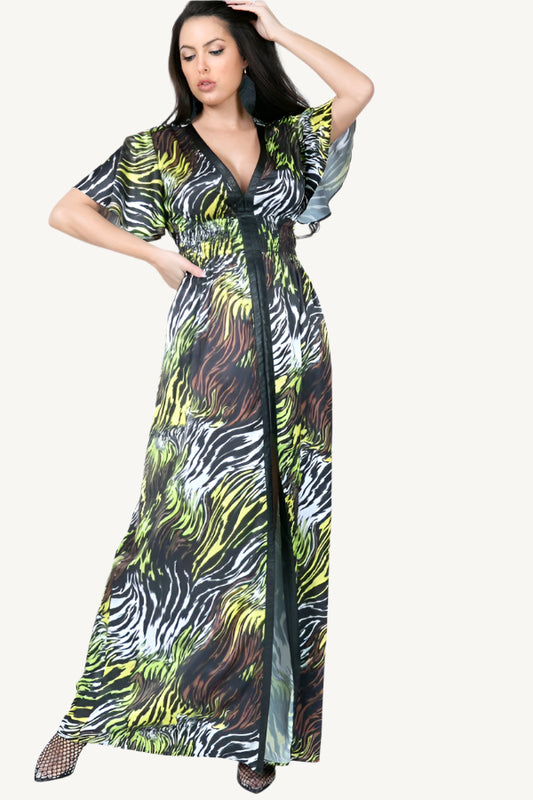 "Deep V-neck long zebra print dress with side slit – bold and elegant statement dress for women"