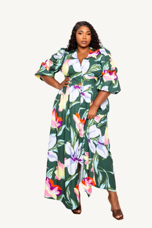 "Puff sleeve button front dress – trendy and versatile women’s outfit combining comfort with fashion-forward style"