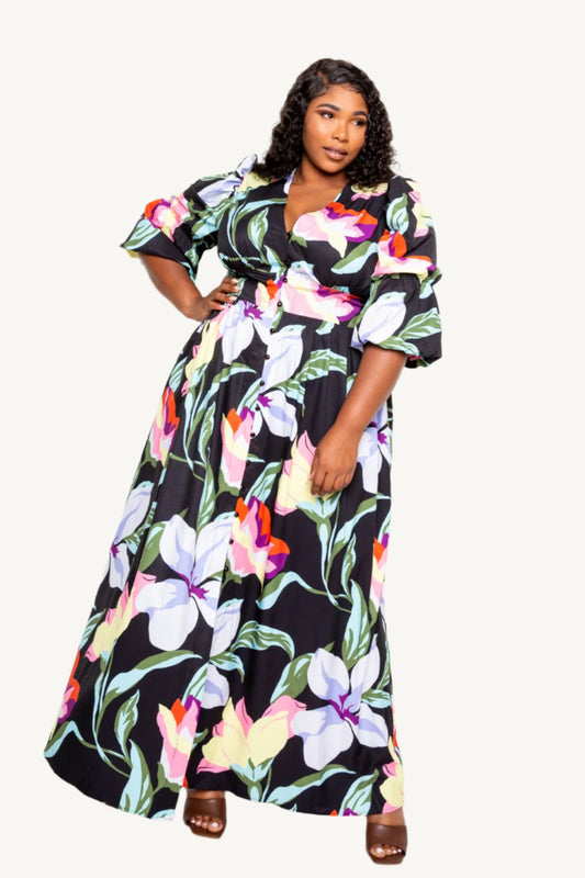 "Puff sleeve button front dress – trendy and versatile outfit for women, perfect for casual or dressy occasions"