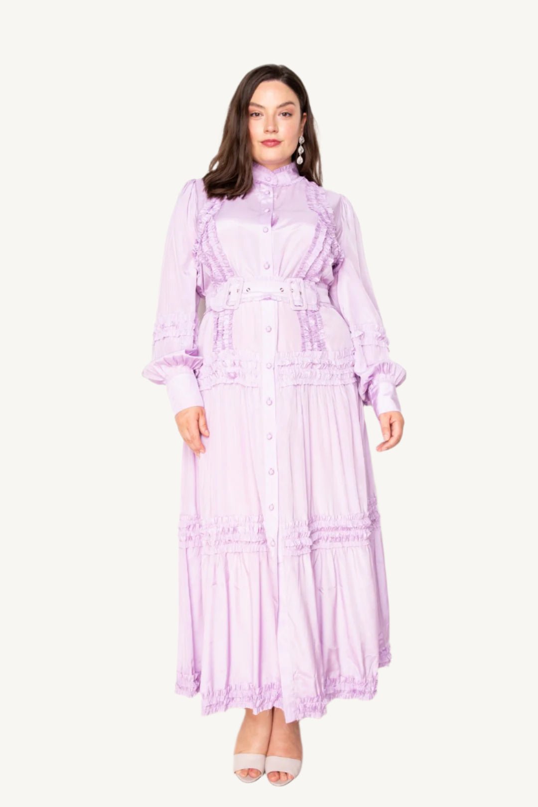 "Belted shirt dress with ruffle detail – elegant and modern women’s dress perfect for work or special occasions"