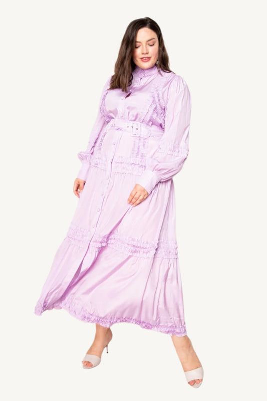 "Belted shirt dress with ruffle detail – elegant and modern women’s dress perfect for work or special occasions"