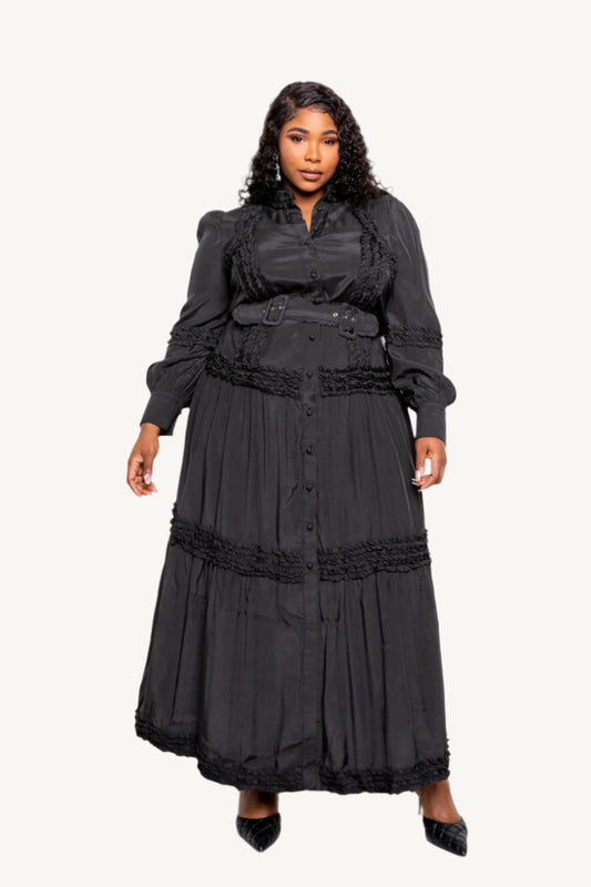 "Belted shirt dress with ruffle detail – elegant and versatile outfit for women, perfect for work or casual chic occasions"