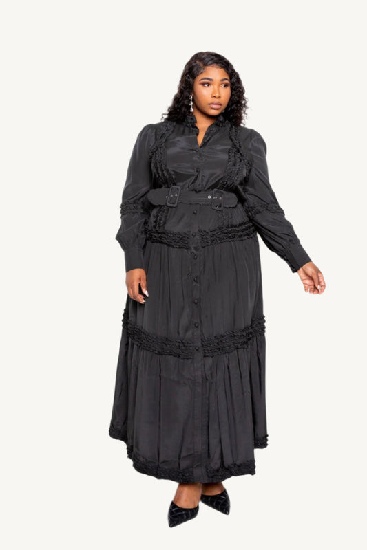 "Belted shirt dress with ruffle detail – elegant and versatile outfit for women, perfect for work or casual chic occasions"