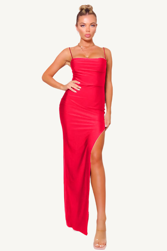 "Red spaghetti strap maxi dress with pleated bust and front slit – elegant and alluring evening outfit"