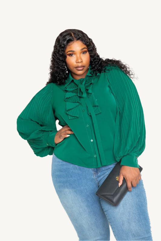 "Pleated sleeve blouse with waterfall frill and bow – elegant and feminine top for women"