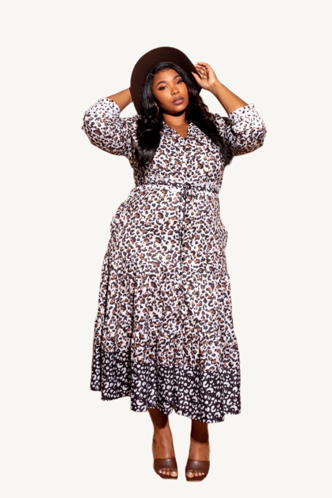 "Plus size contrast animal print shirt dress in multi-color – bold and stylish button-down dress with stretch, available in 1XL, 2XL, 3XL"