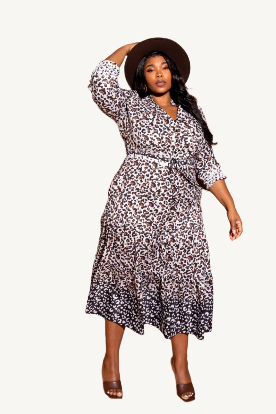"Plus size contrast animal print shirt dress in multi-color – bold and stylish button-down dress with stretch, available in 1XL, 2XL, 3XL"