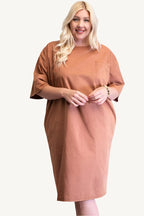 "Mineral washed loose fit knee-length dress with chest and side pockets – relaxed and stylish everyday outfit for women"