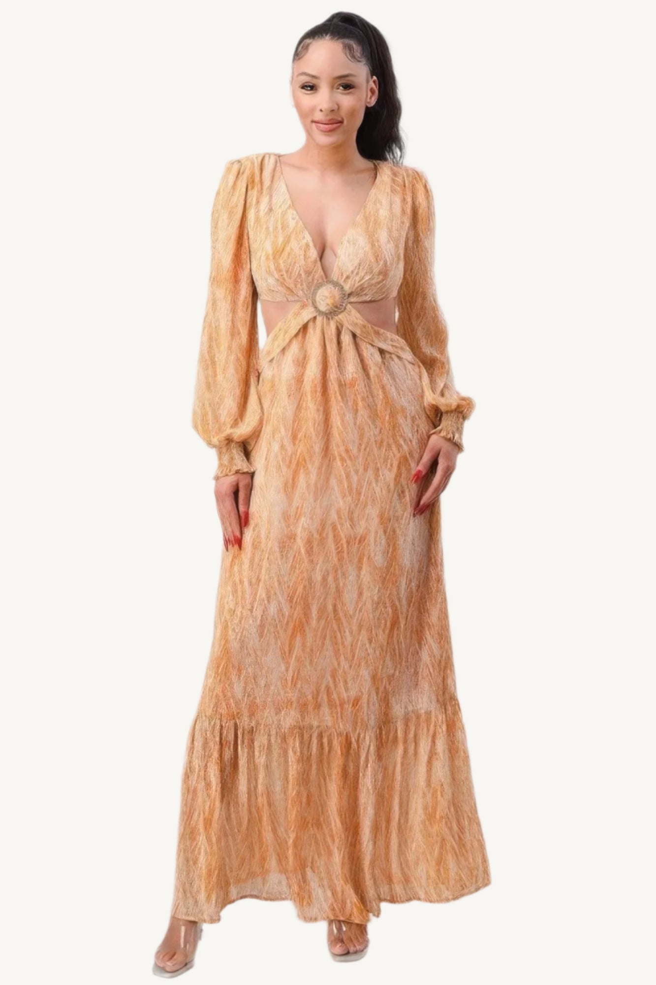 "Printed V-neck maxi dress with self belt, side cut-outs, and ruffled details – elegant and feminine summer outfit"