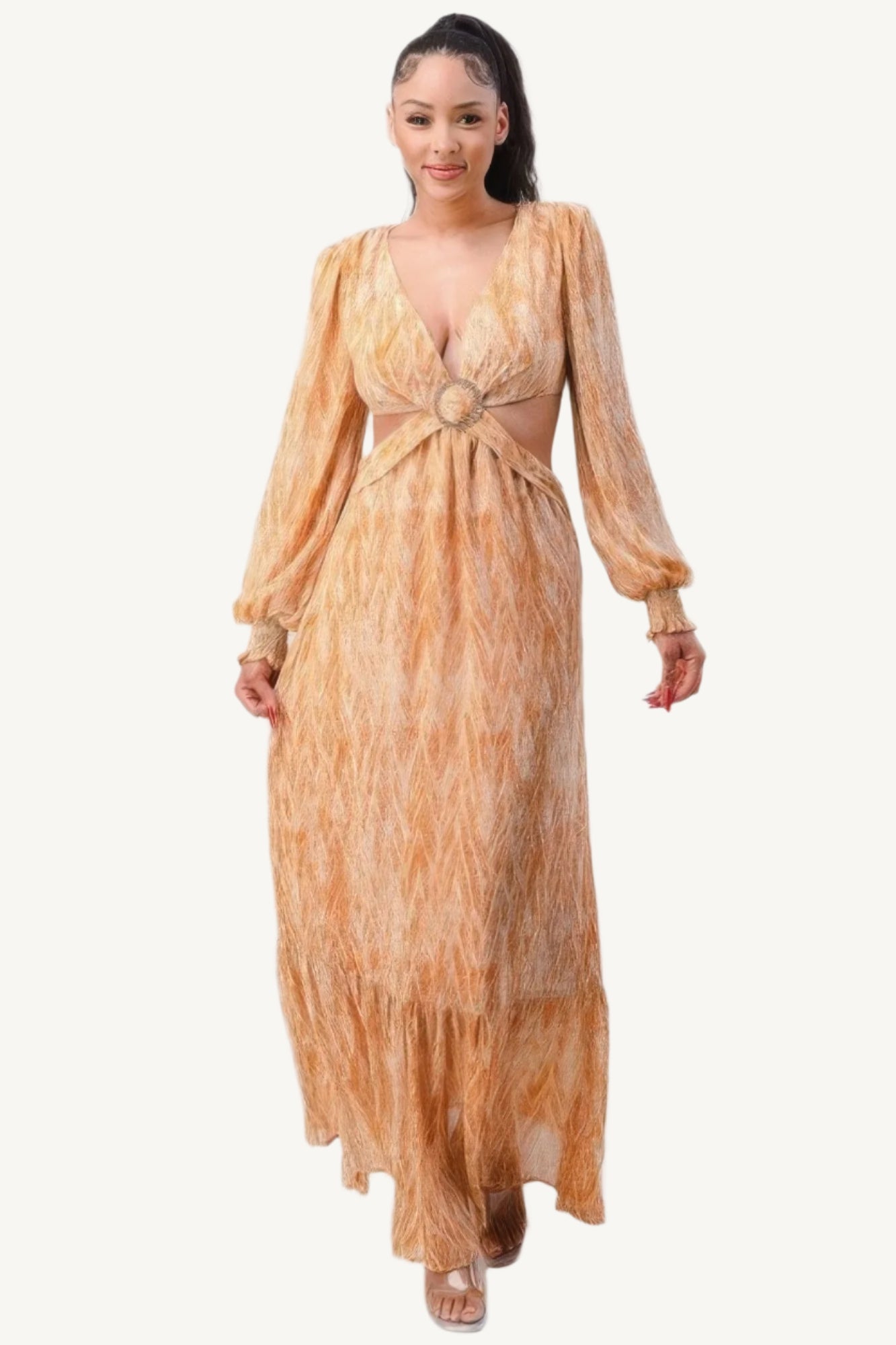 "Printed V-neck maxi dress with self belt, side cut-outs, and ruffled details – elegant and feminine summer outfit"