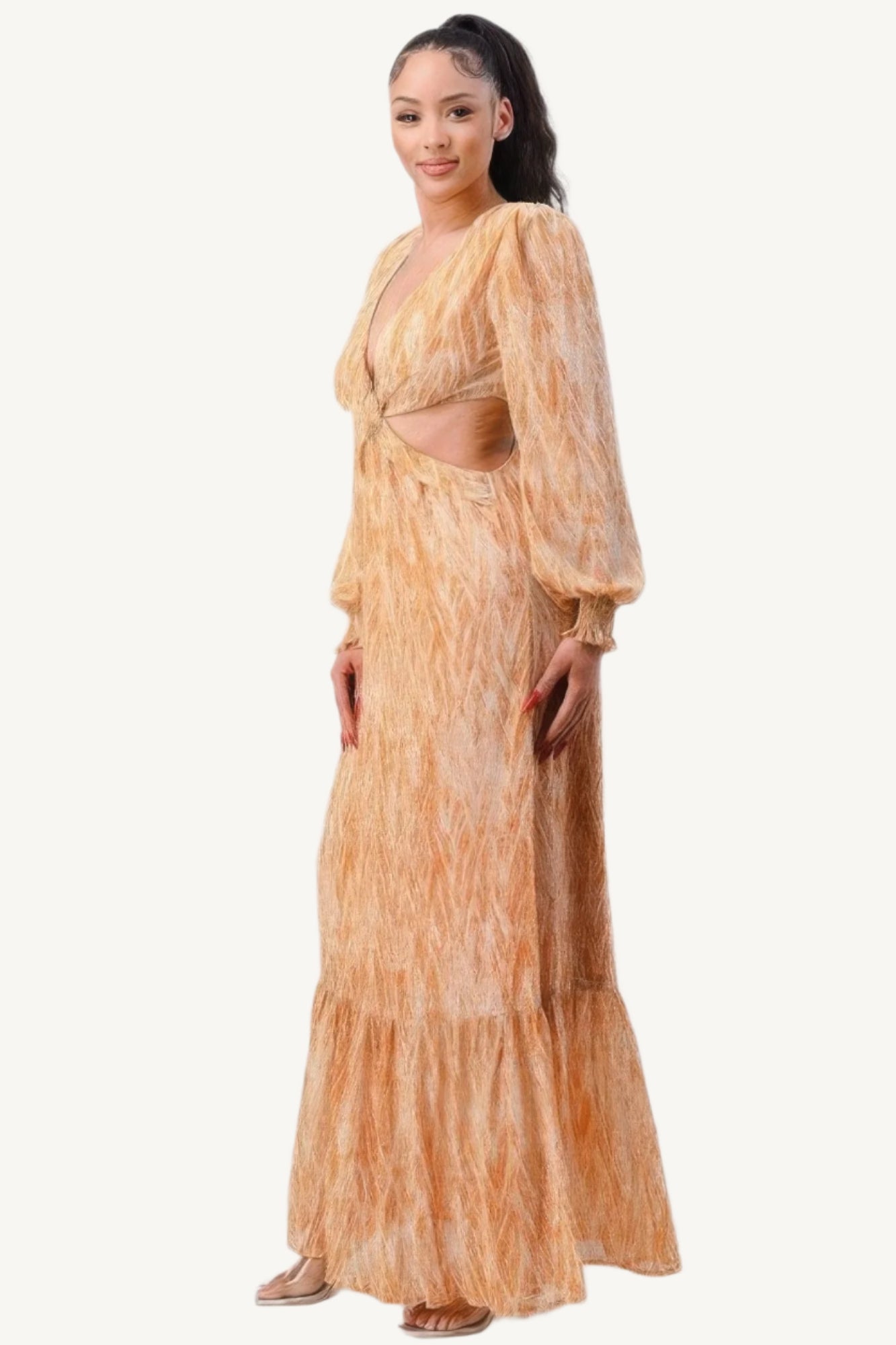 "Printed V-neck maxi dress with self belt, side cut-outs, and ruffled details – elegant and feminine summer outfit"