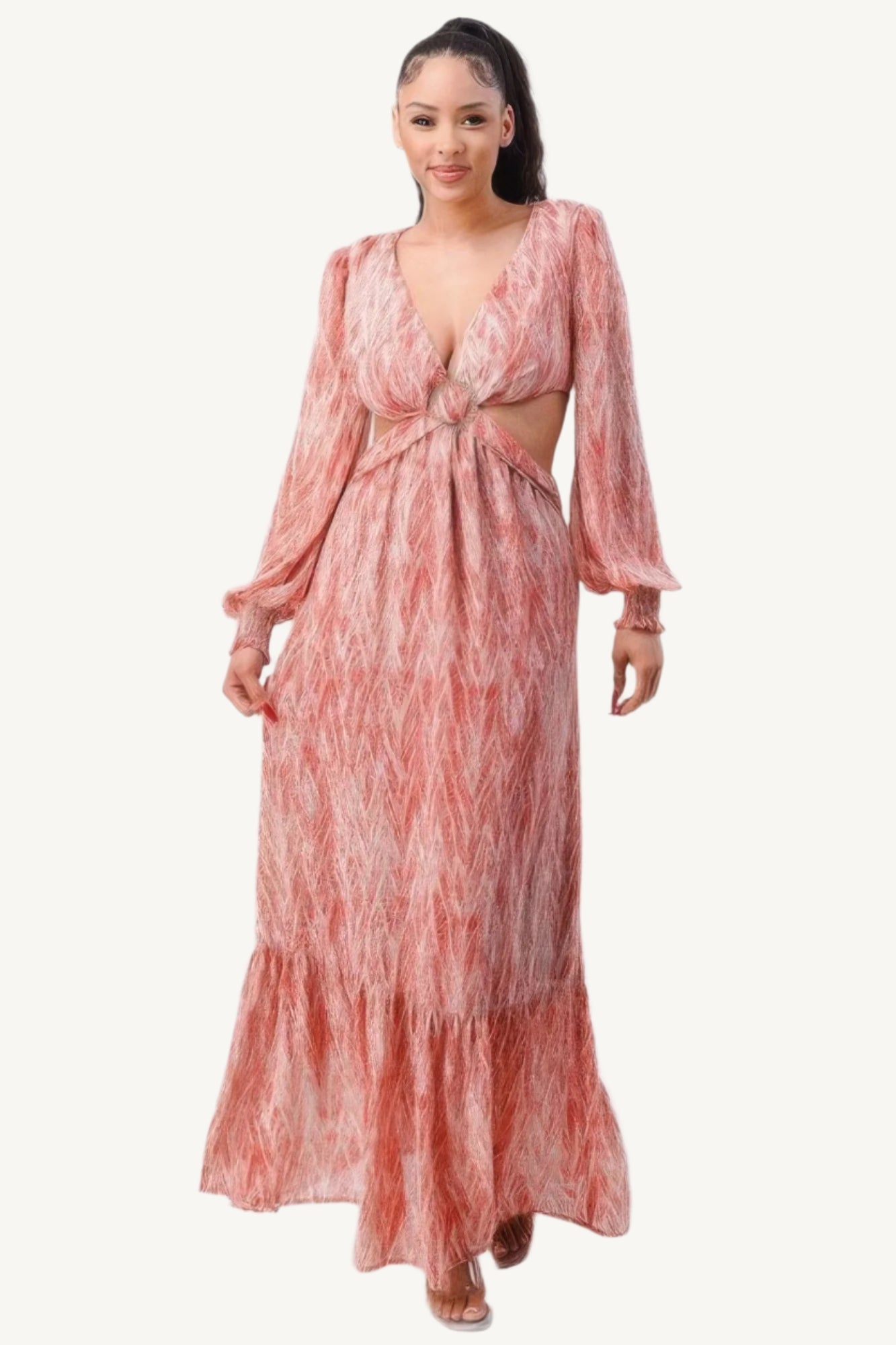 "Printed V-neck maxi dress with self belt, side cut-outs, and ruffle details – feminine and elegant summer dress in S, M, L"