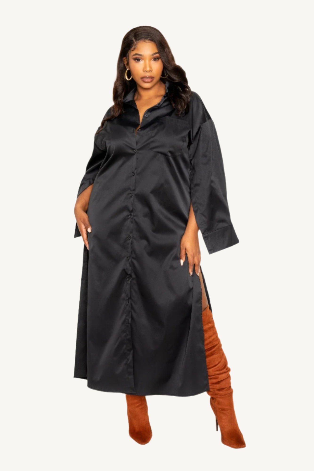 "Plus size shirt dress with dramatic cape sleeves, button-down front, and tailored fit — bold, elegant, and available in sizes 1XL to 3XL."