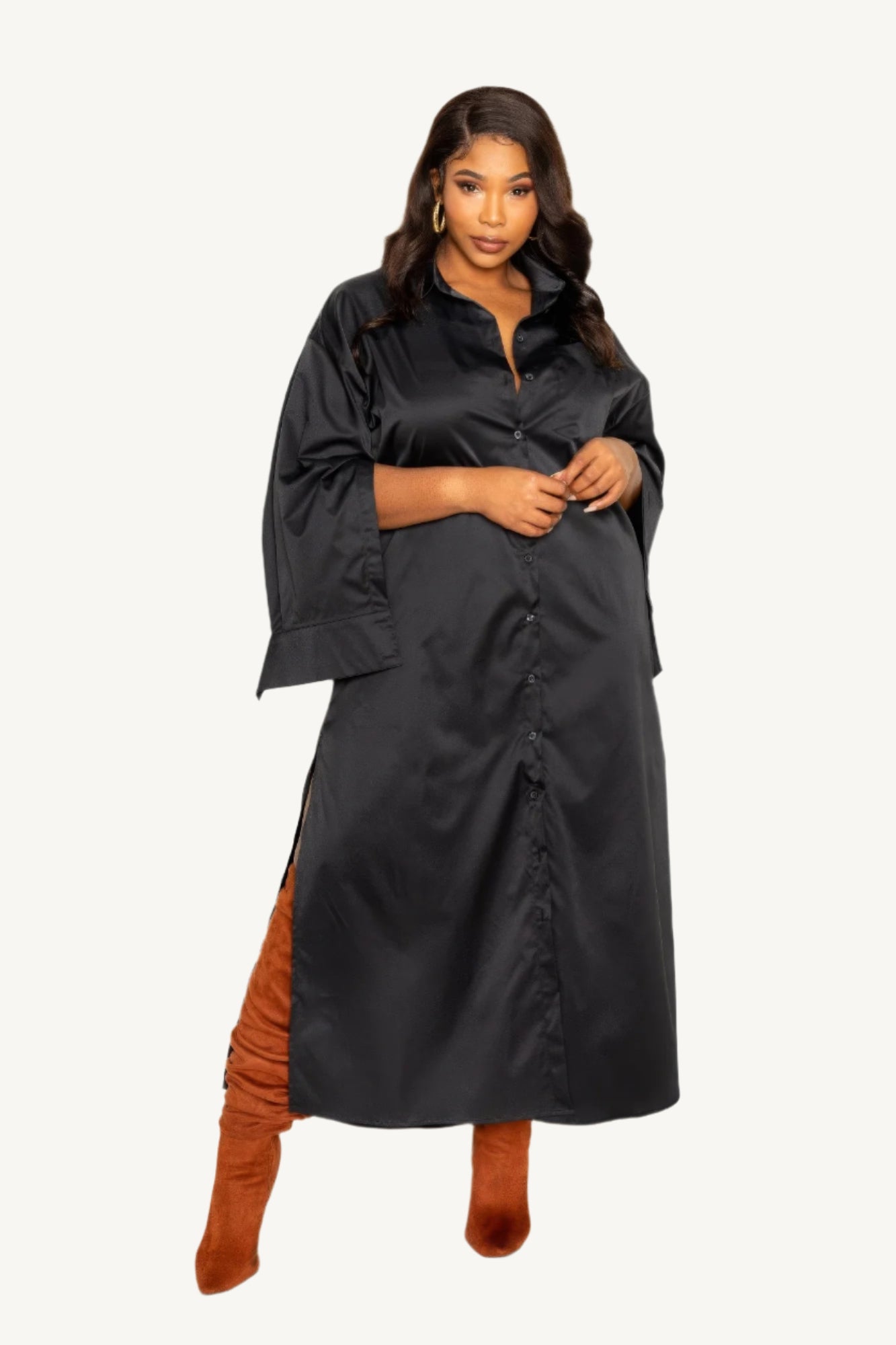 "Plus size shirt dress with dramatic cape sleeves, button-down front, and tailored fit — bold, elegant, and available in sizes 1XL to 3XL."