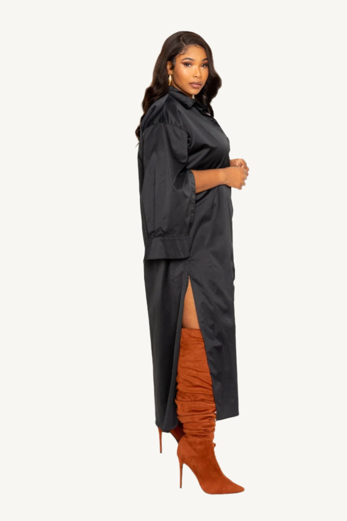 "Plus size shirt dress with dramatic cape sleeves, button-down front, and tailored fit — bold, elegant, and available in sizes 1XL to 3XL."