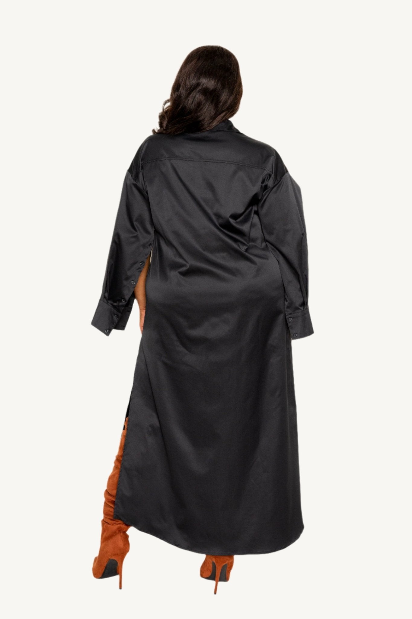 "Plus size shirt dress with dramatic cape sleeves, button-down front, and tailored fit — bold, elegant, and available in sizes 1XL to 3XL."