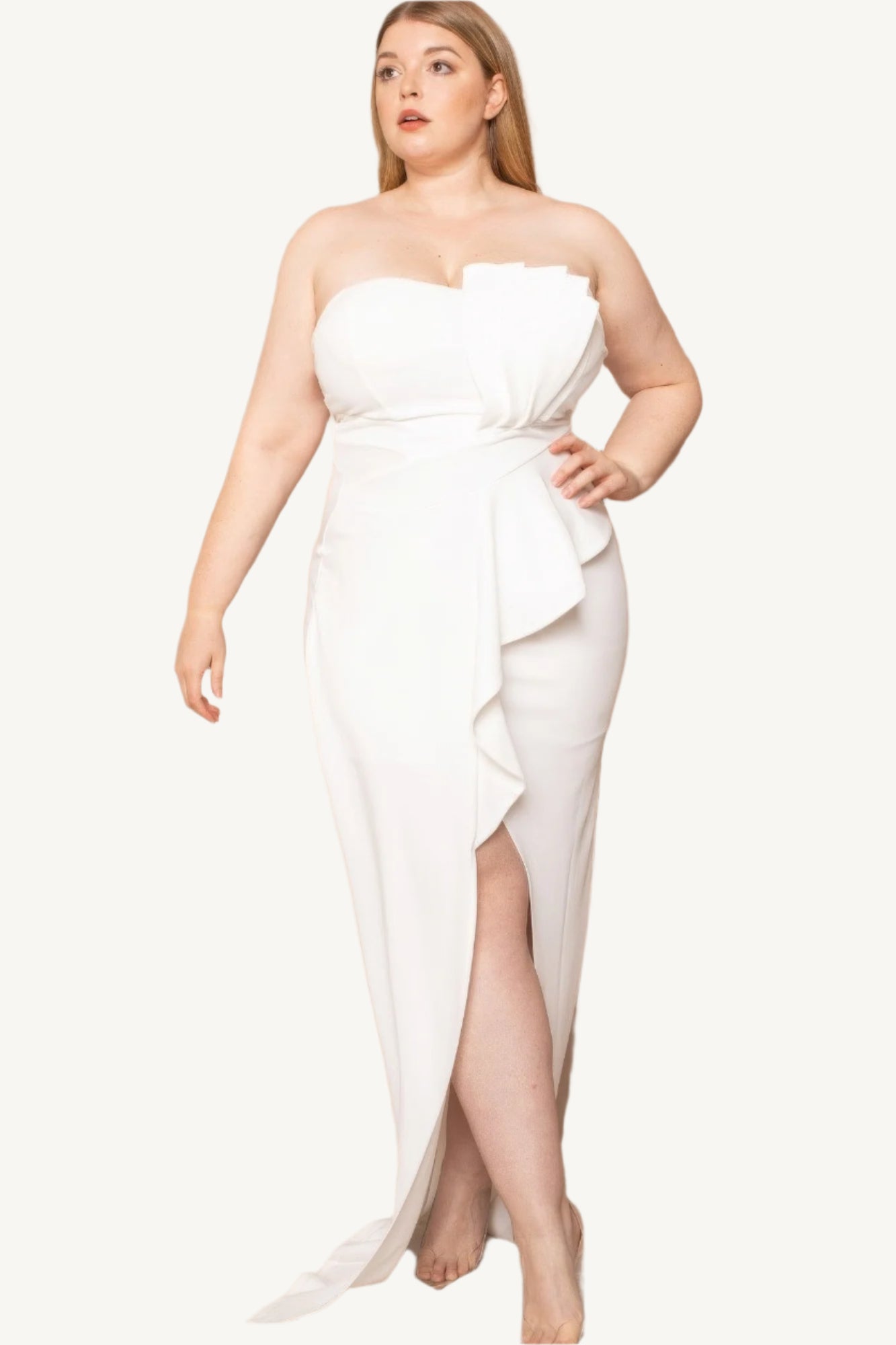 "Plus size pleated tube top maxi dress with a flattering silhouette and elegant details, made from a soft, stretchy polyester-spandex blend."
