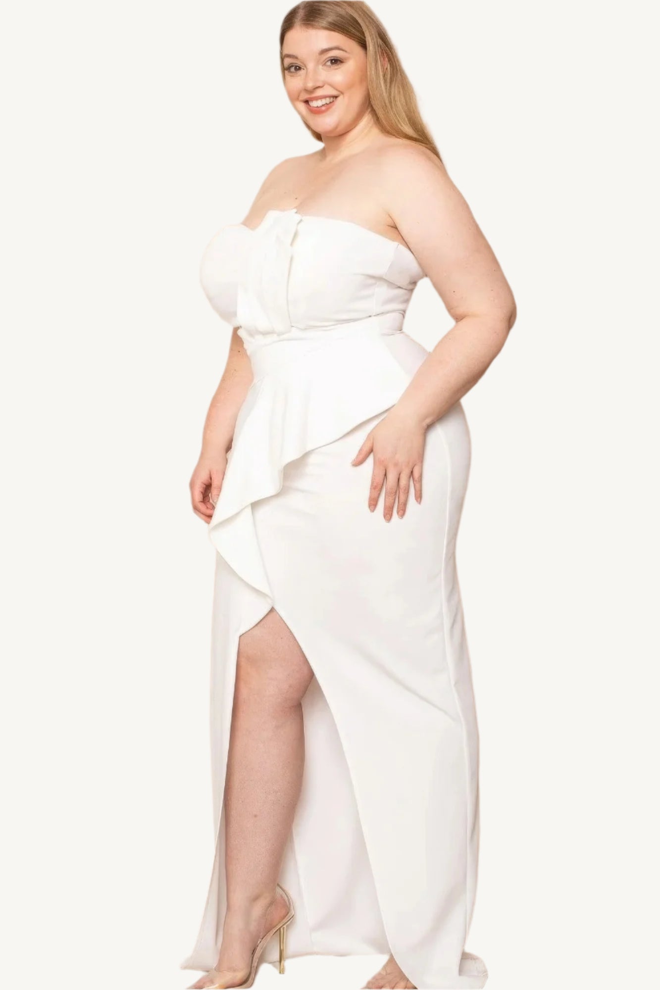 "Plus size pleated tube top maxi dress with a flattering silhouette and elegant details, made from a soft, stretchy polyester-spandex blend."