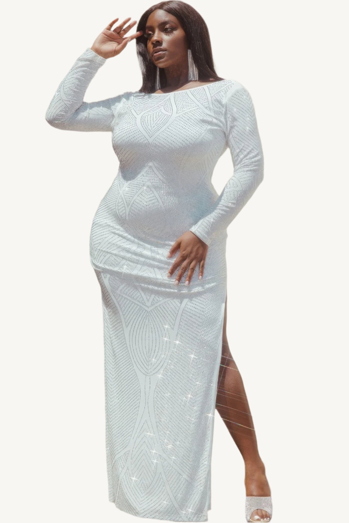 "Plus size maxi dress with rhinestone pattern, designed to flatter curves with a comfortable stretch blend and elegant sparkle."