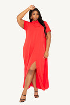 "Mock neck midi dress with dramatic back cape, tailored silhouette, and sleek modern design — a statement piece blending elegance and comfort."