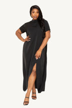 "Elegant mock neck dress with dramatic back cape detail, combining modern sophistication with timeless style for a standout, comfortable fit."