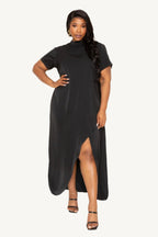 "Elegant mock neck dress with dramatic back cape detail, combining modern sophistication with timeless style for a standout, comfortable fit."