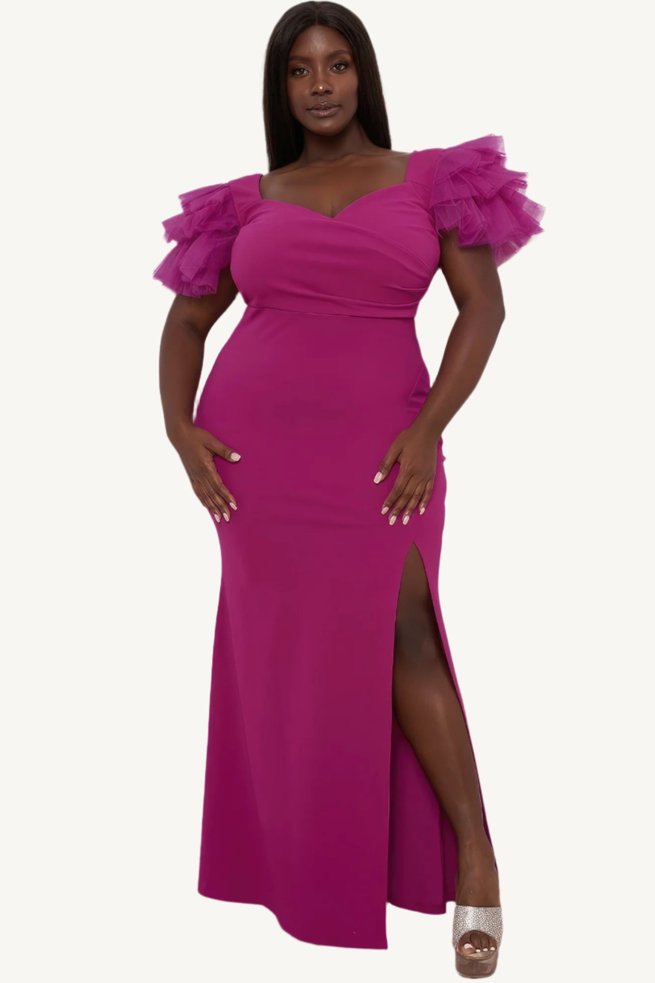 "Plus size maxi dress with mesh tulle shoulders, surplice neckline, pleated front, side slit, and zipper back — designed for elegance, comfort, and curve-enhancing style in sizes 1XL to 3XL."