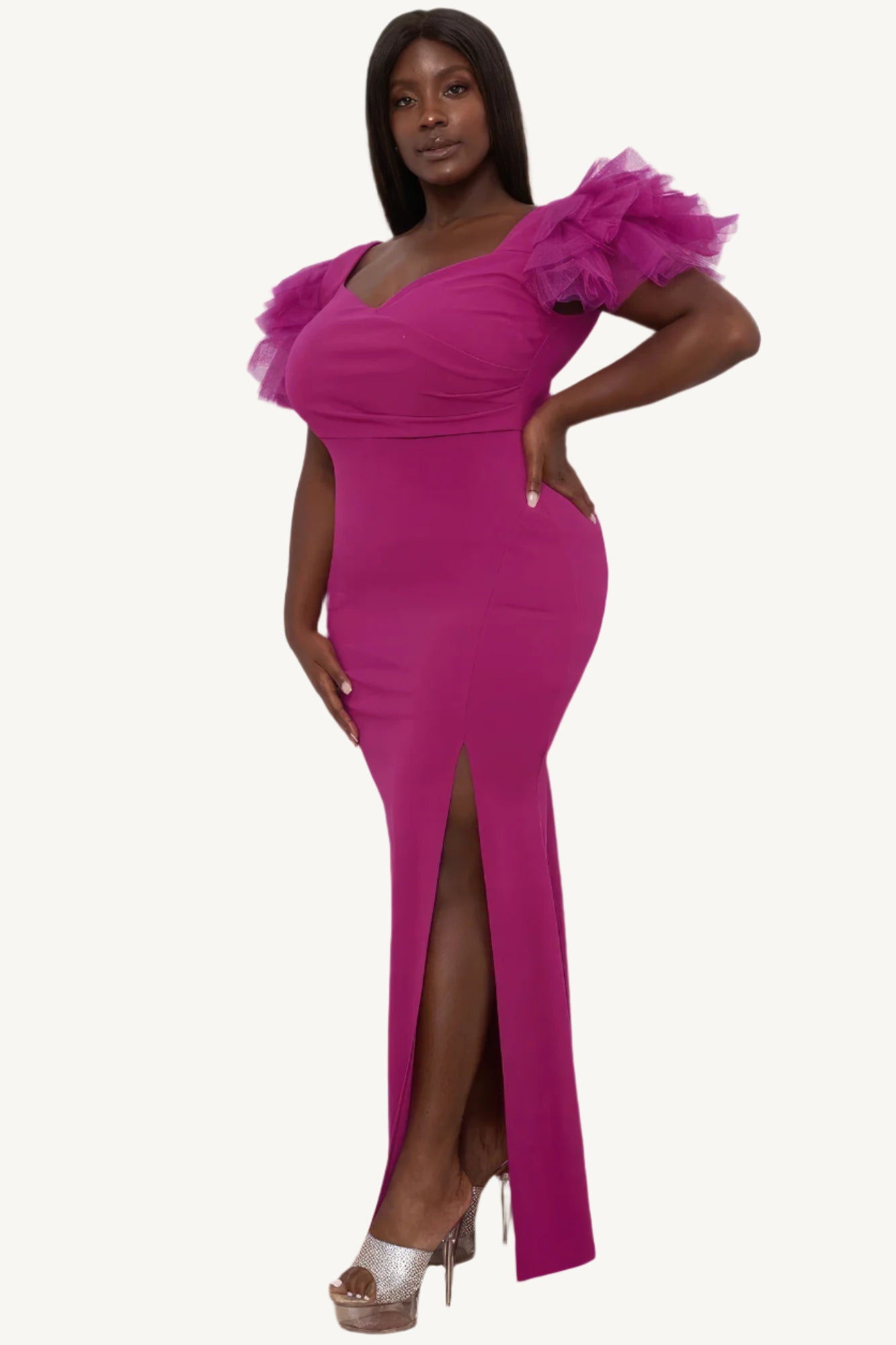 "Plus size maxi dress with mesh tulle shoulders, surplice neckline, pleated front, side slit, and zipper back — designed for elegance, comfort, and curve-enhancing style in sizes 1XL to 3XL."