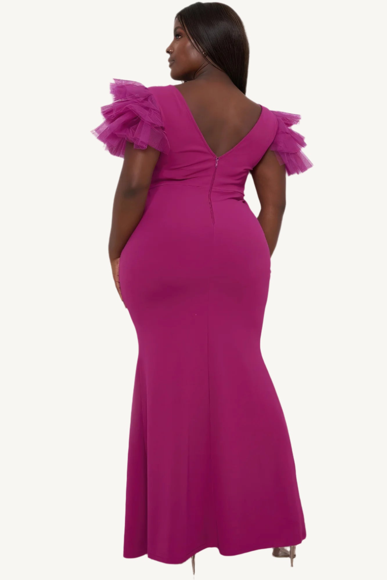 "Plus size maxi dress with mesh tulle shoulders, surplice neckline, pleated front, side slit, and zipper back — designed for elegance, comfort, and curve-enhancing style in sizes 1XL to 3XL."