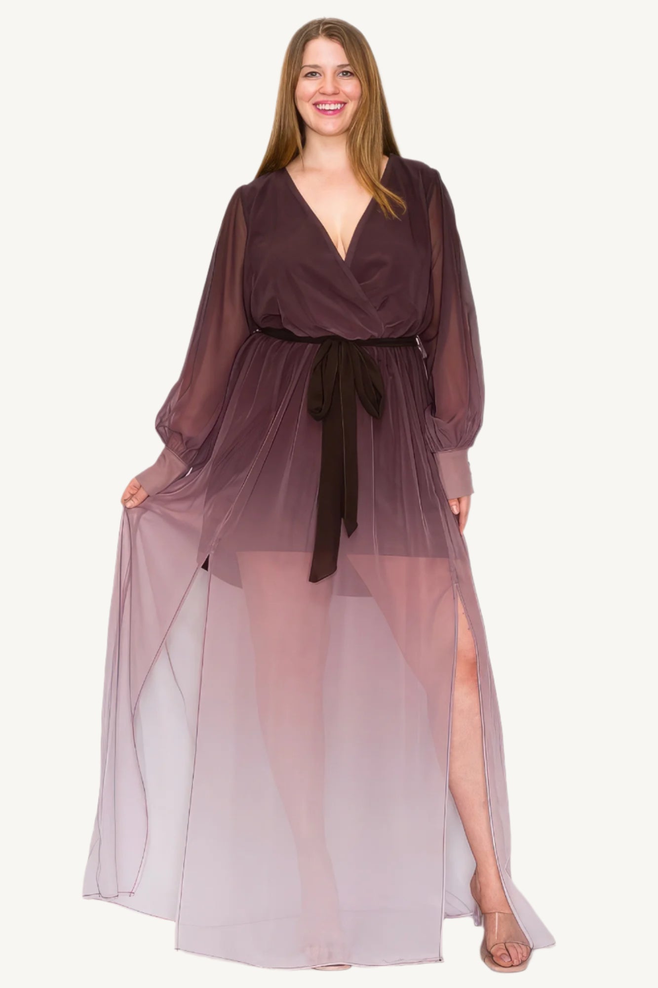 "Elegant ombre chiffon maxi dress with wrap front, long sleeves, tie waist, and front slit — offering a graceful, flowing silhouette for any special occasion."