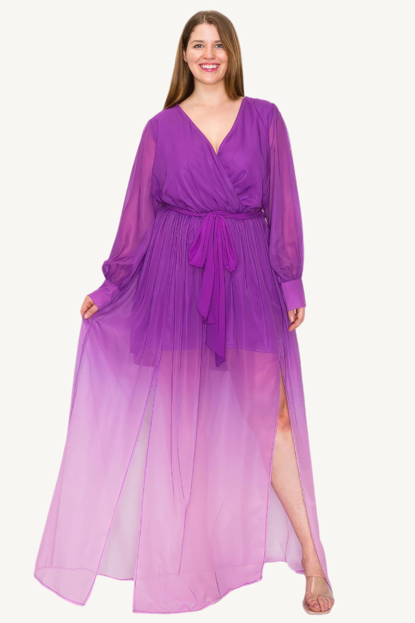 "Ombre chiffon long sleeve maxi dress with wrap front, tie waist, and front slit, offering a flowing, elegant silhouette perfect for special occasions."