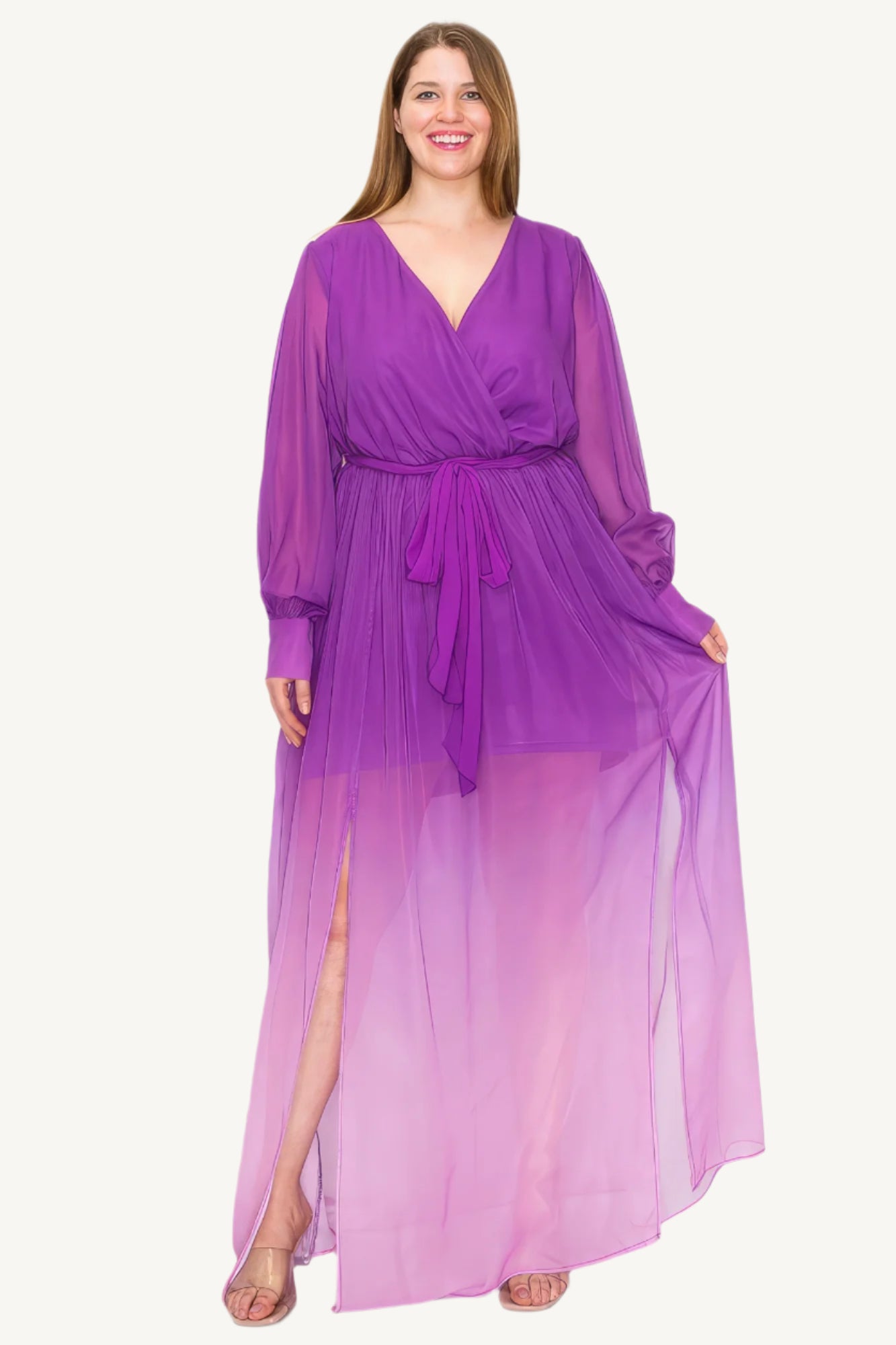 "Ombre chiffon long sleeve maxi dress with wrap front, tie waist, and front slit, offering a flowing, elegant silhouette perfect for special occasions."
