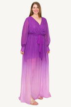"Ombre chiffon long sleeve maxi dress with wrap front, tie waist, and front slit, offering a flowing, elegant silhouette perfect for special occasions."