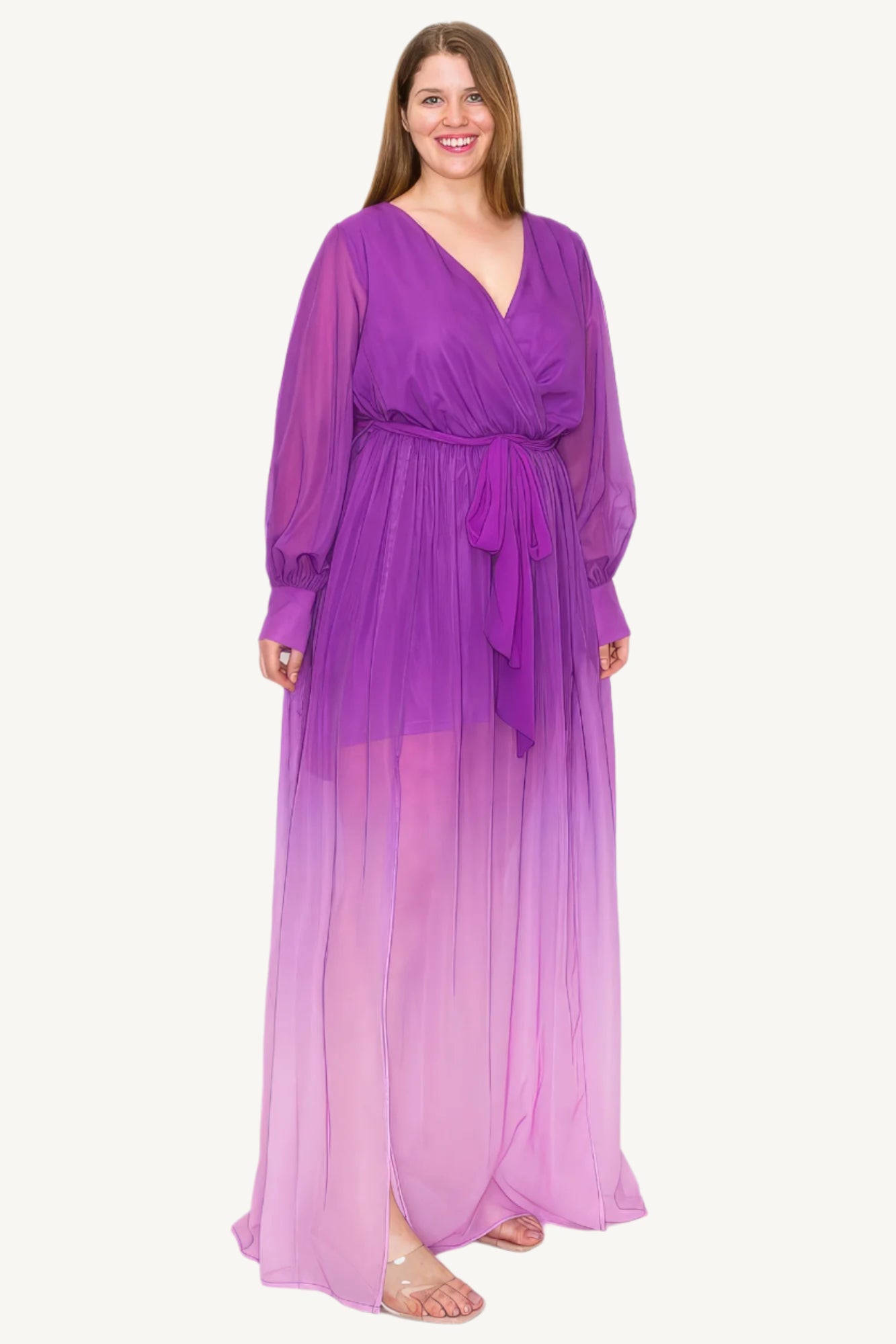 "Ombre chiffon long sleeve maxi dress with wrap front, tie waist, and front slit, offering a flowing, elegant silhouette perfect for special occasions."
