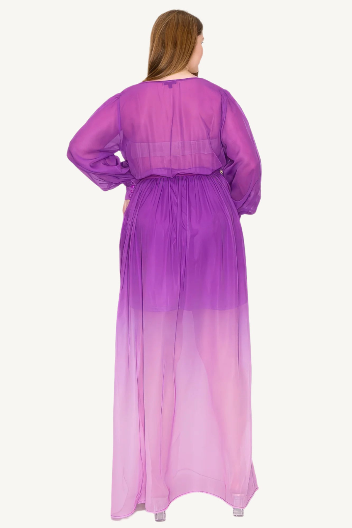 "Ombre chiffon long sleeve maxi dress with wrap front, tie waist, and front slit, offering a flowing, elegant silhouette perfect for special occasions."
