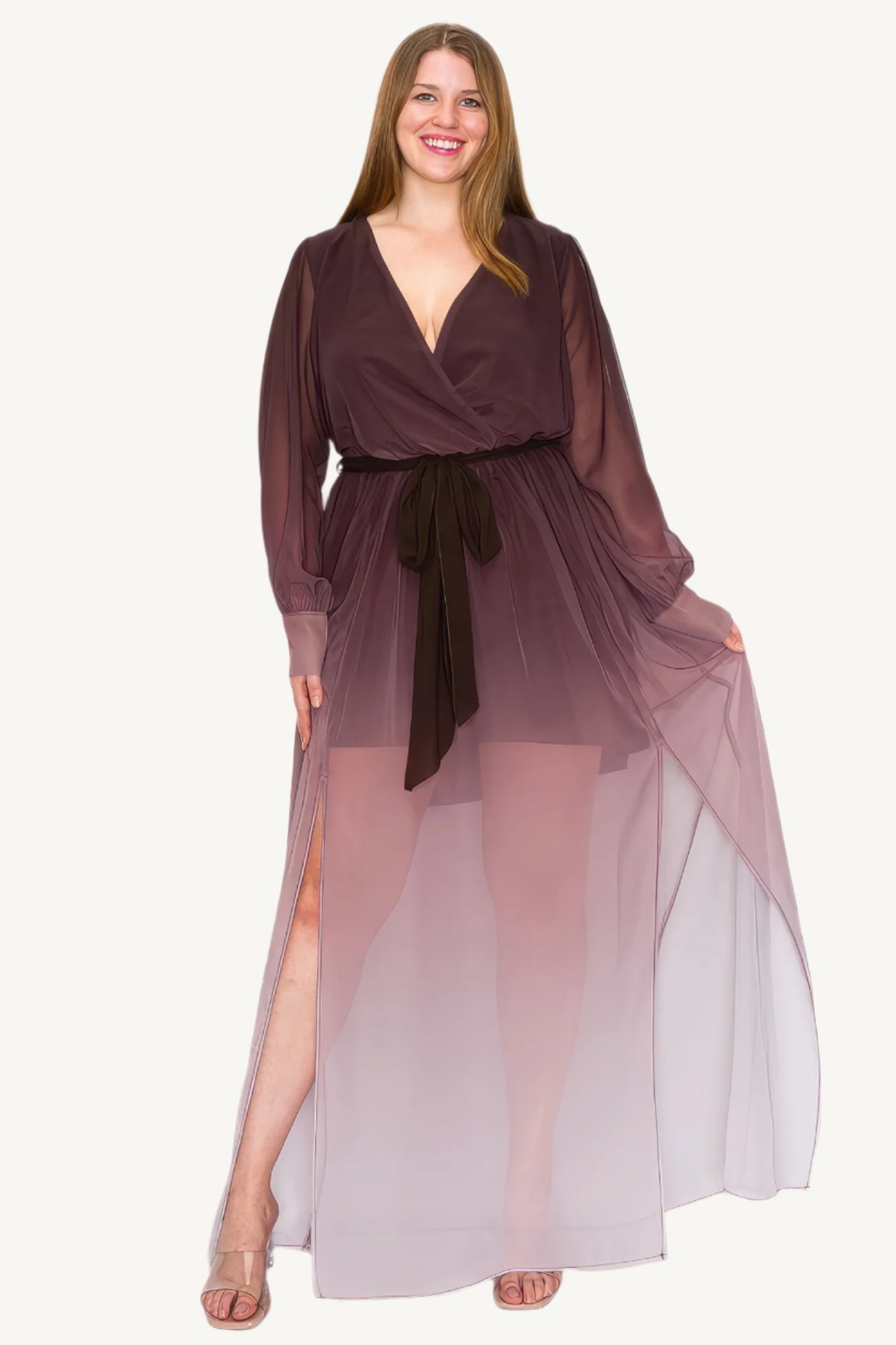"Elegant ombre chiffon maxi dress with wrap front, long sleeves, tie waist, and front slit — offering a graceful, flowing silhouette for any special occasion."