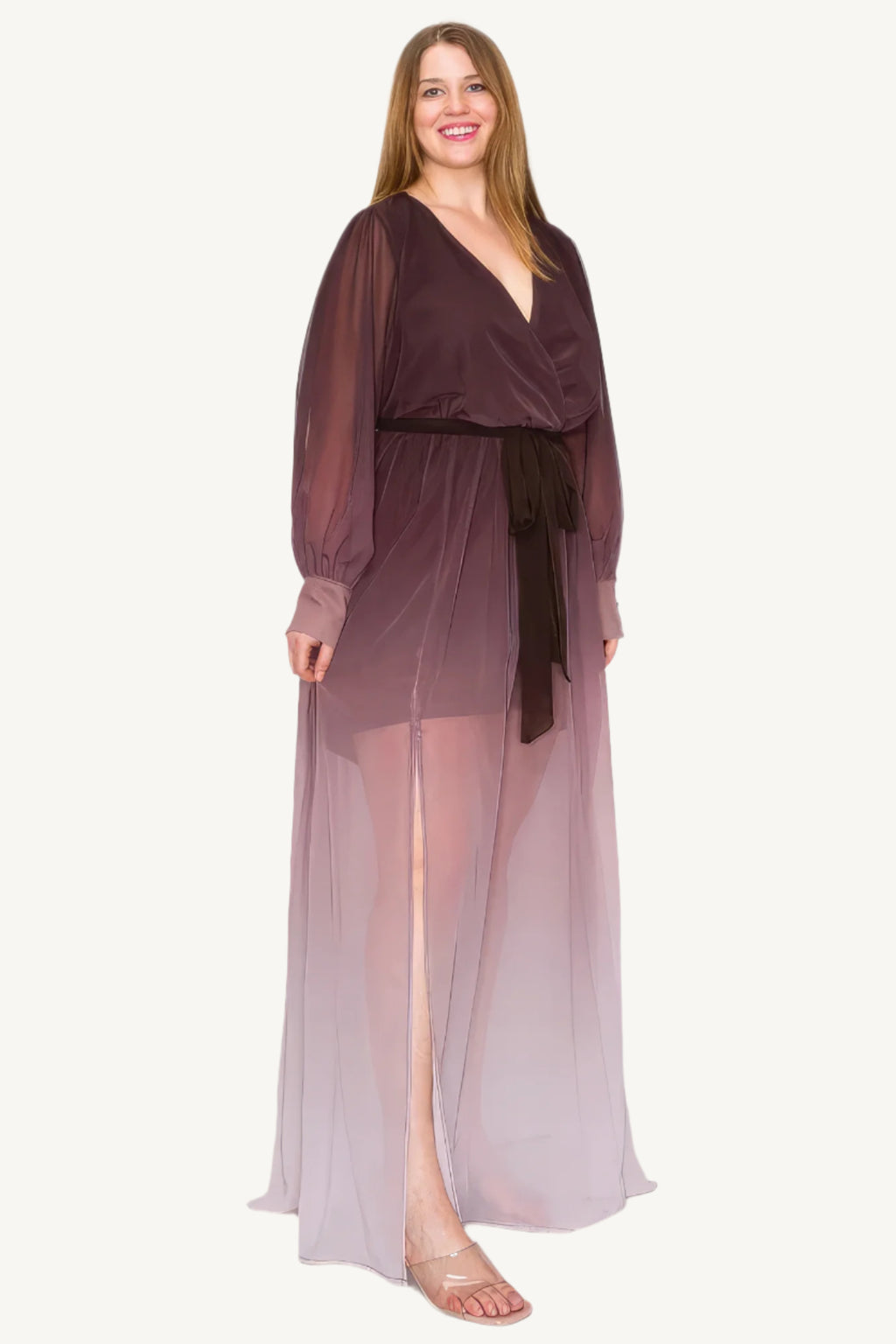 "Elegant ombre chiffon maxi dress with wrap front, long sleeves, tie waist, and front slit — offering a graceful, flowing silhouette for any special occasion."