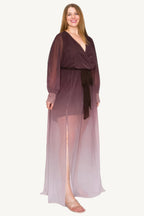 "Elegant ombre chiffon maxi dress with wrap front, long sleeves, tie waist, and front slit — offering a graceful, flowing silhouette for any special occasion."