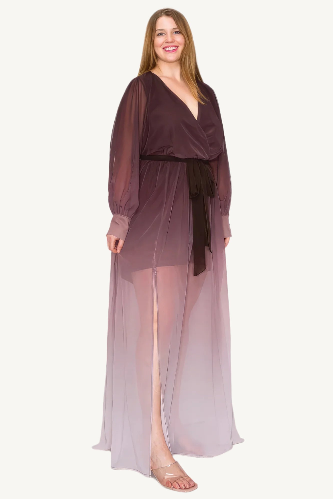 "Elegant ombre chiffon maxi dress with wrap front, long sleeves, tie waist, and front slit — offering a graceful, flowing silhouette for any special occasion."
