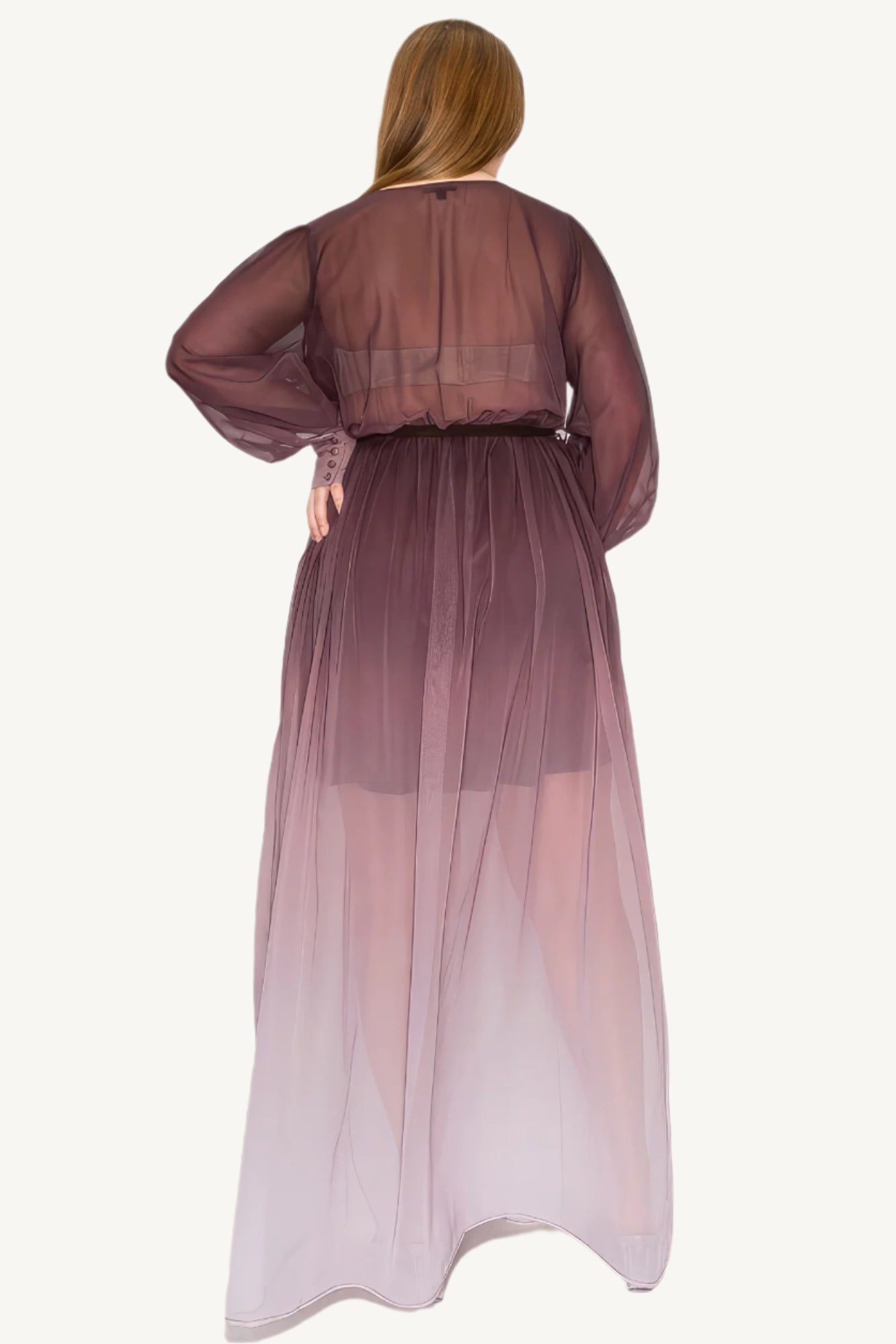 "Elegant ombre chiffon maxi dress with wrap front, long sleeves, tie waist, and front slit — offering a graceful, flowing silhouette for any special occasion."