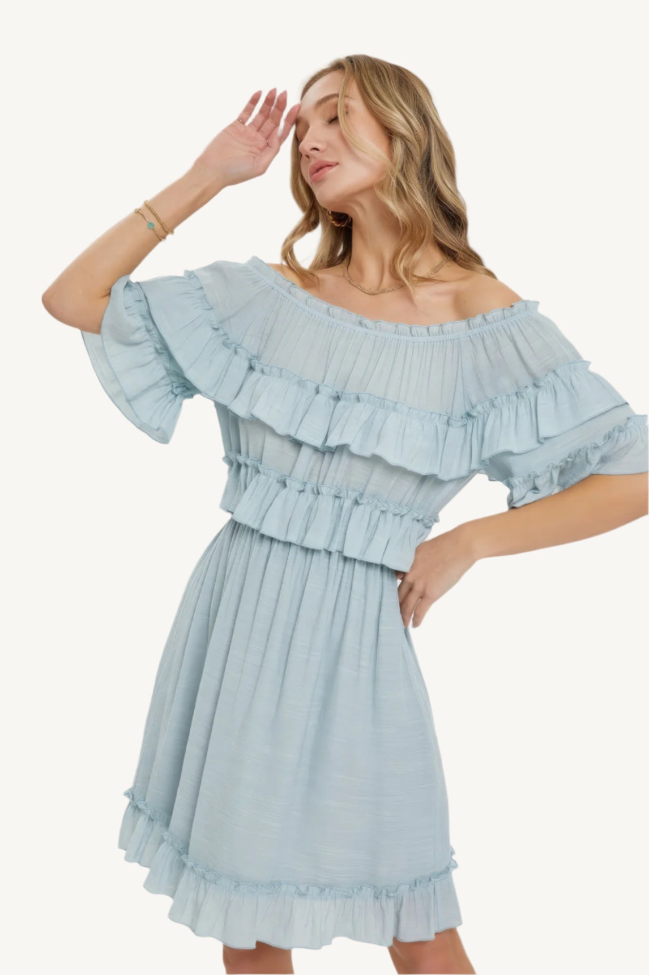 "Misty blue bohemian-style dress with relaxed fit, soft fabric, and flowing silhouette, designed for effortless style and all-day comfort."