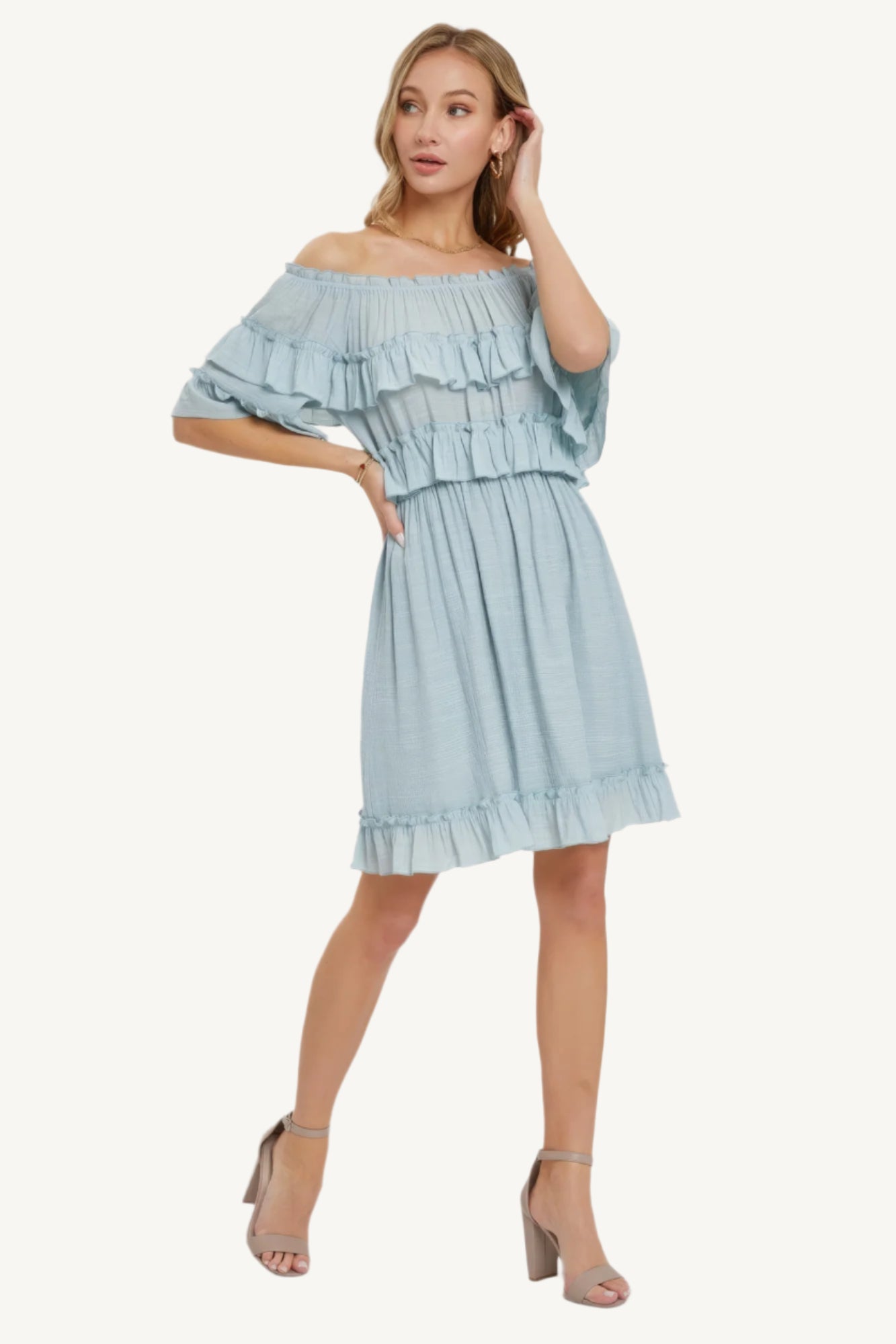 "Misty blue bohemian-style dress with relaxed fit, soft fabric, and flowing silhouette, designed for effortless style and all-day comfort."