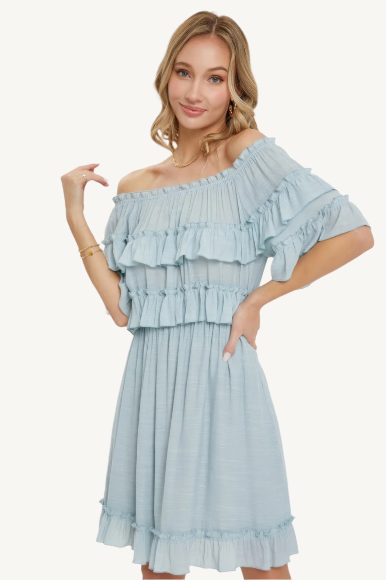 "Misty blue bohemian-style dress with relaxed fit, soft fabric, and flowing silhouette, designed for effortless style and all-day comfort."