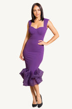 "Elegant midi dress with organza ruffle detailing, sleeveless design, and back zipper closure for a chic and graceful silhouette."