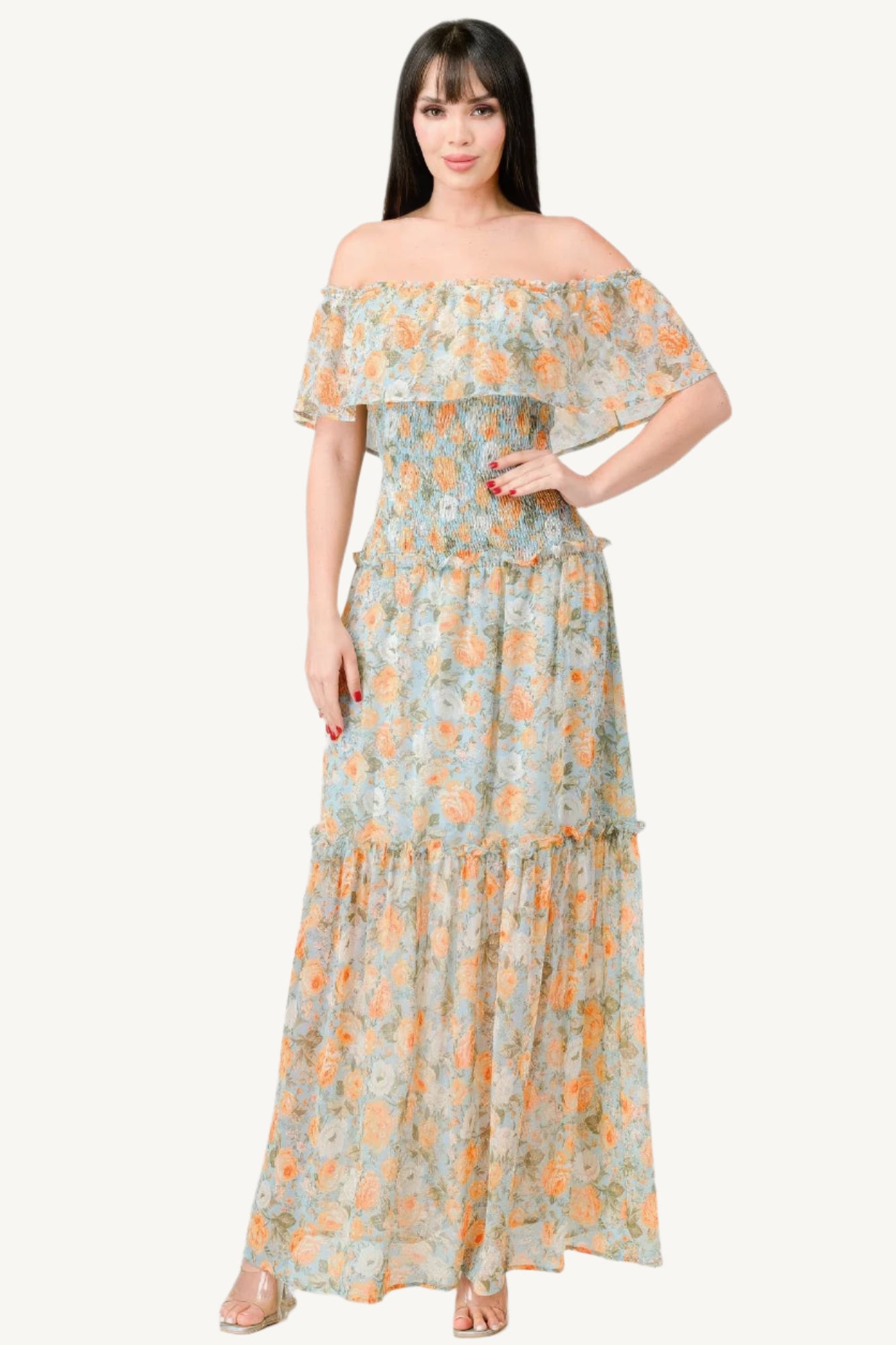 "Floral chiffon off-shoulder tiered maxi dress with smocked back and ruffle details, made from lightweight 100% polyester for an elegant, flowy look."
