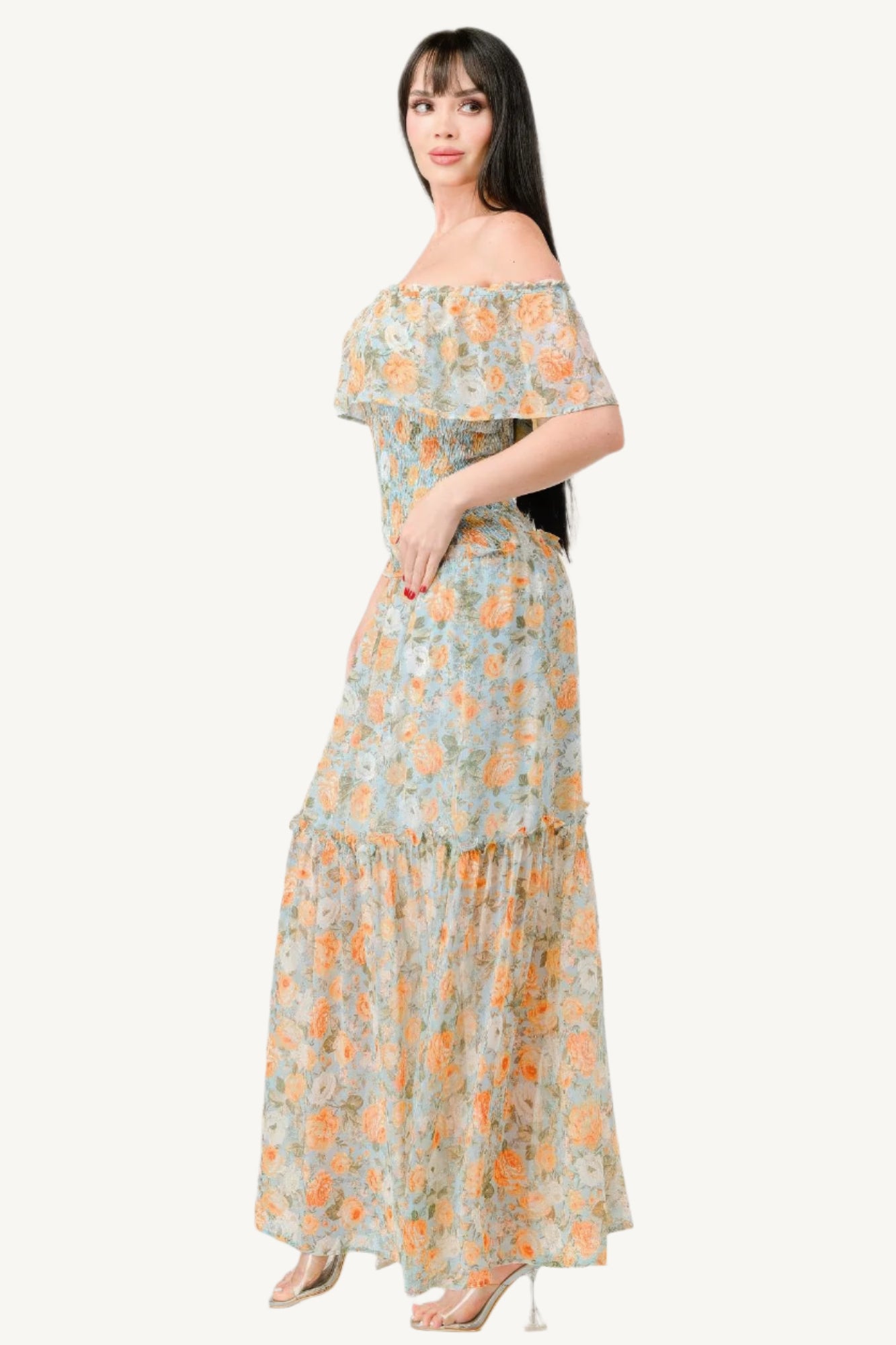 "Floral chiffon off-shoulder tiered maxi dress with smocked back and ruffle details, made from lightweight 100% polyester for an elegant, flowy look."