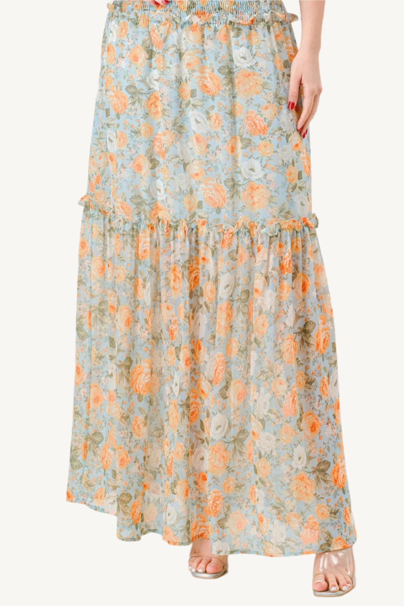 "Floral chiffon off-shoulder tiered maxi dress with smocked back and ruffle details, made from lightweight 100% polyester for an elegant, flowy look."