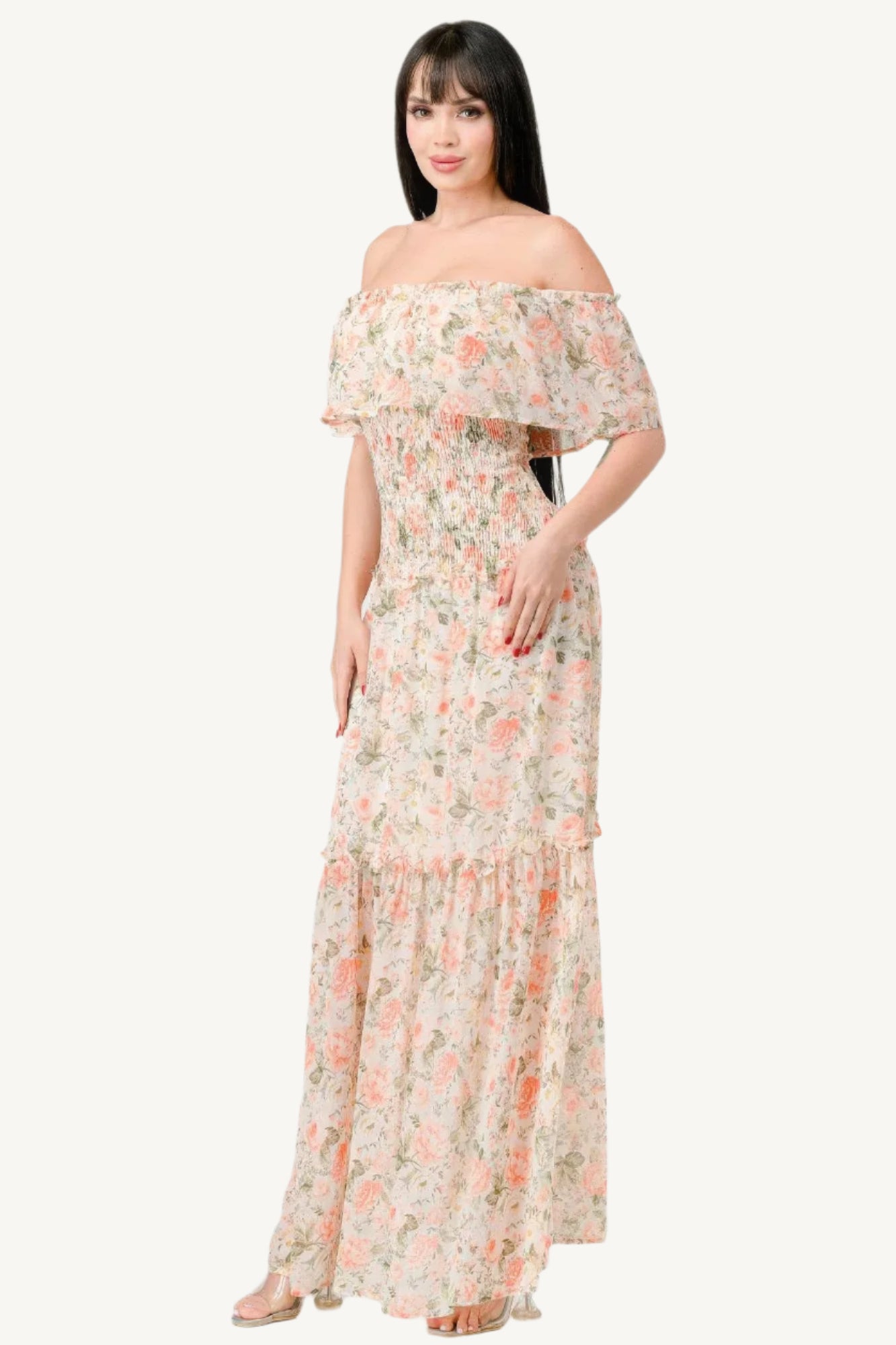 "Floral chiffon off-shoulder maxi dress with smocked back and ruffled tiered design, made from lightweight polyester for an elegant and comfortable look."